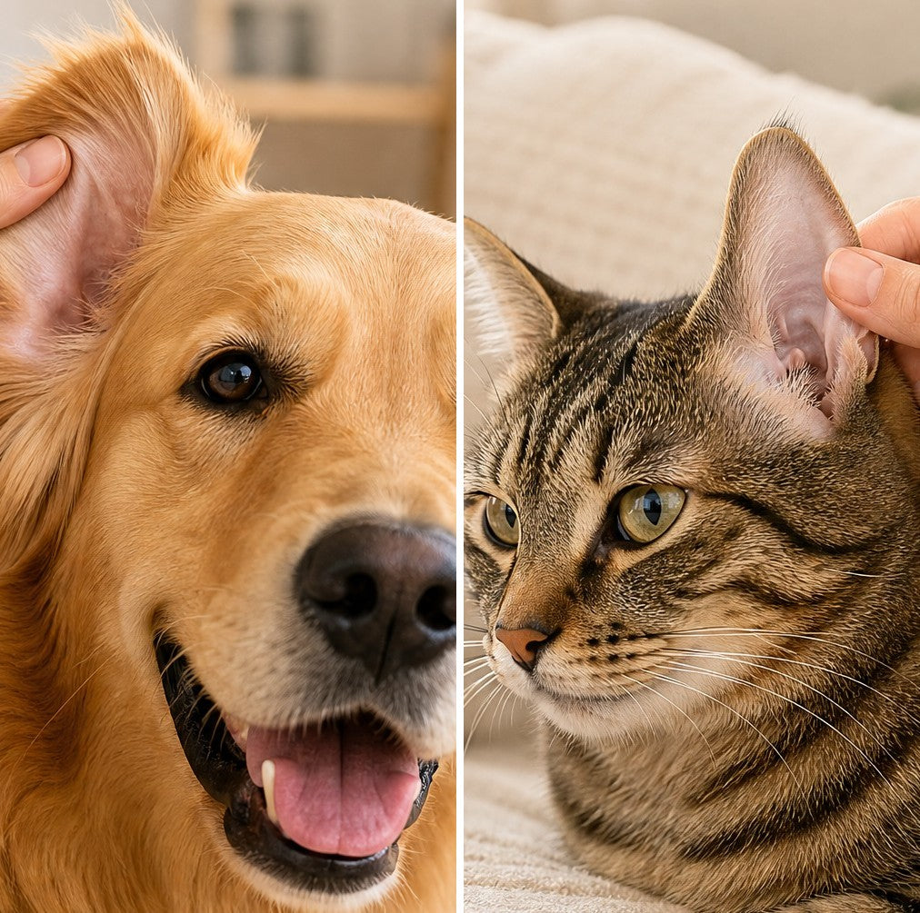 Dog and cat getting a gentle ear check